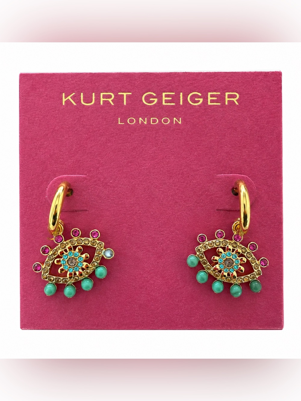 Kurt Geiger London Evil Eye Jeweled Hoop Earrings Multicolor Gold NWT